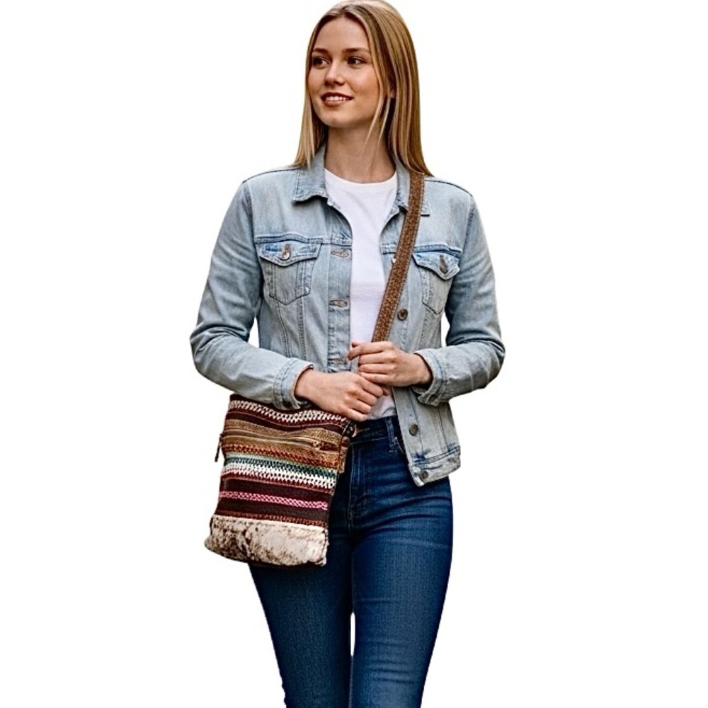 Myra Bag Multicolor Crossbody Purse Tweed Leather Cowhide Boho Style Canvas Back - Picture 15 of 16